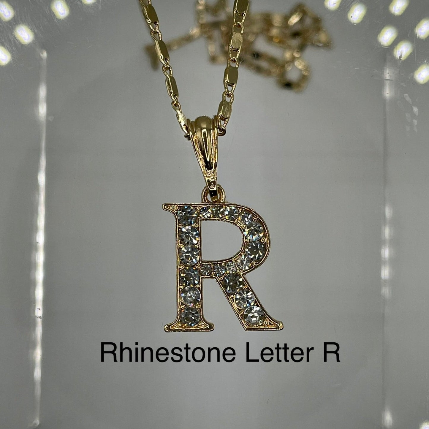 Rhinestone letter R pendant 14k gold plated on gold plated cute necklace. Letter pendants.