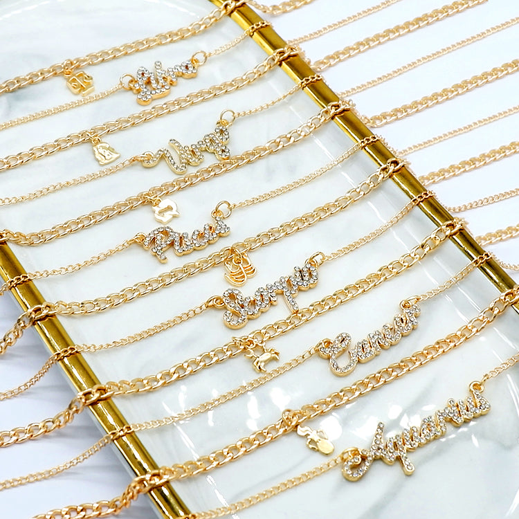 Gold plated zodiac necklaces. Zodiac name necklaces. Zodiac sign necklaces with zodiac sign pendants. Zodiac name necklaces.