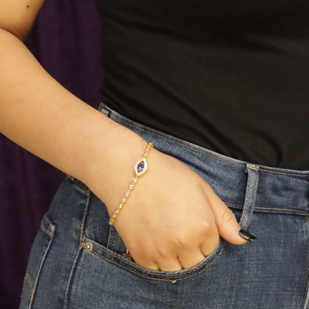Evil eye bracelet in gold plated, sterling silver base with rhinestones. Evil eye. Evil eye bracelet. Evil eye jewelry.