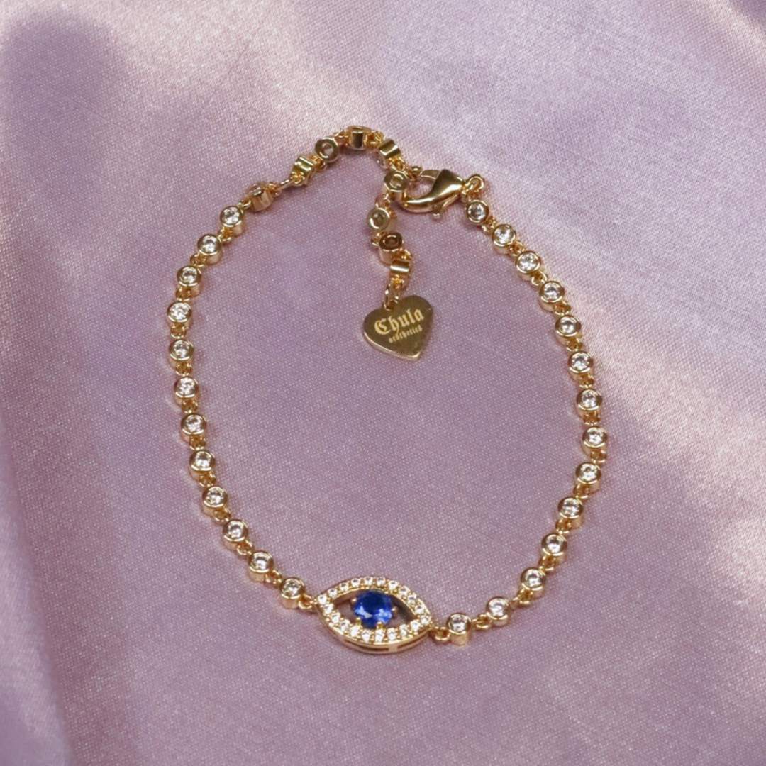 Evil eye bracelet in gold plated, sterling silver base with rhinestones. Evil eye. Evil eye bracelet. Evil eye jewelry.