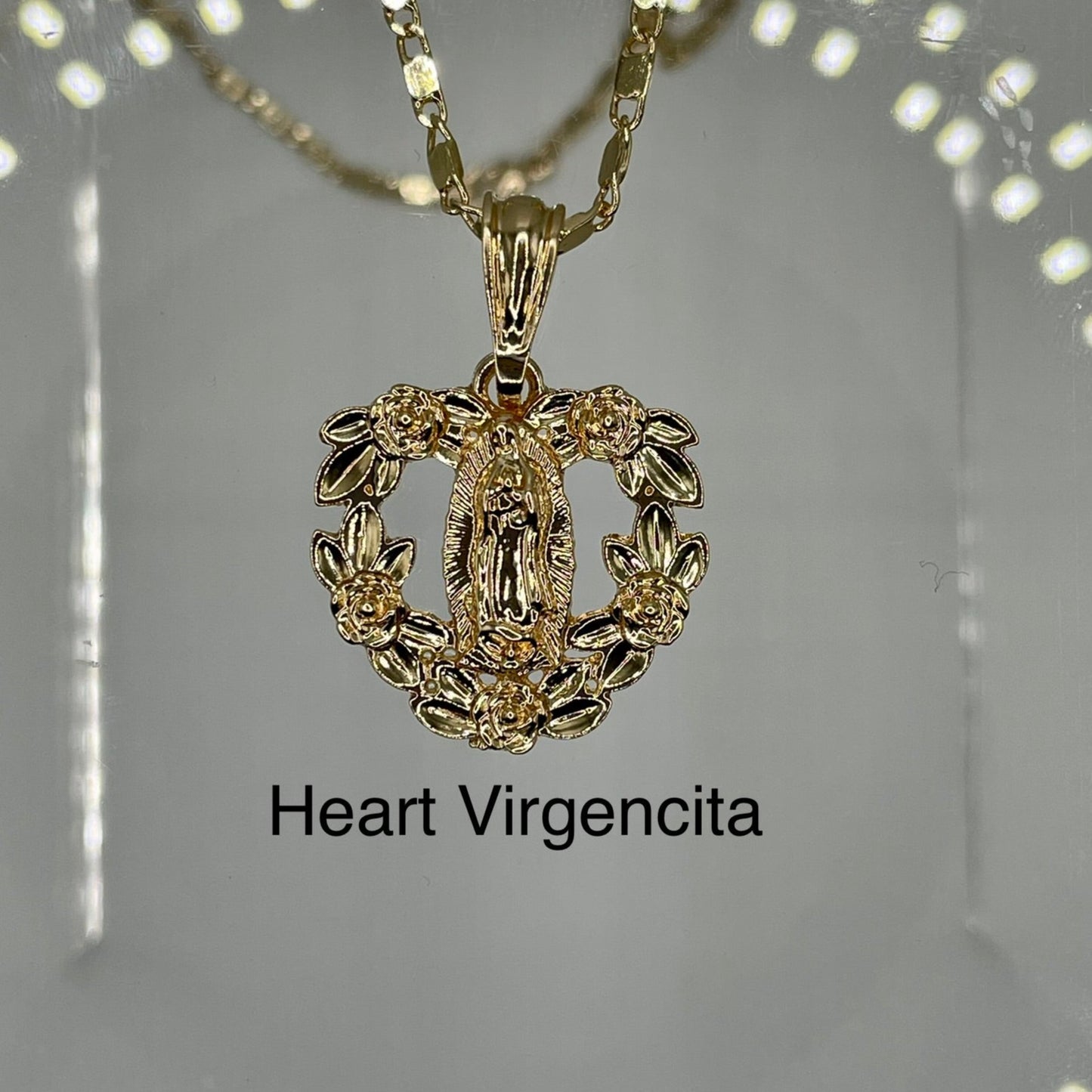 Heart virgencita pendant 14k gold plated on gold plated cute necklace. Virgen mary jewelry. Virgen maria jewelry. Joyas virgencita. Virgencita. Virgencita pendant.