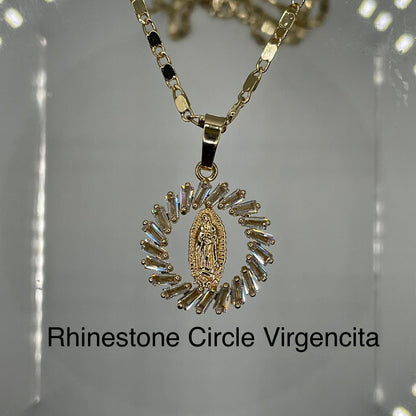 Rhinestone circle virgencita 14k gold plated pendant on gold plated necklace. Virgen mary jewelry. Virgen maria jewelry. Joyas virgencita. Virgencita.
