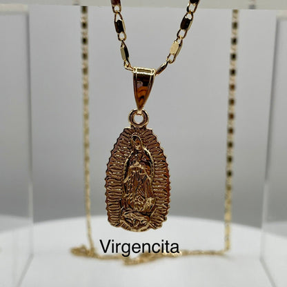 gold virgencita pendant 14k gold plated on gold plated cute necklace. Virgen mary jewelry. Virgen maria jewelry. Joyas virgencita. Virgencita. Virgencita pendant.