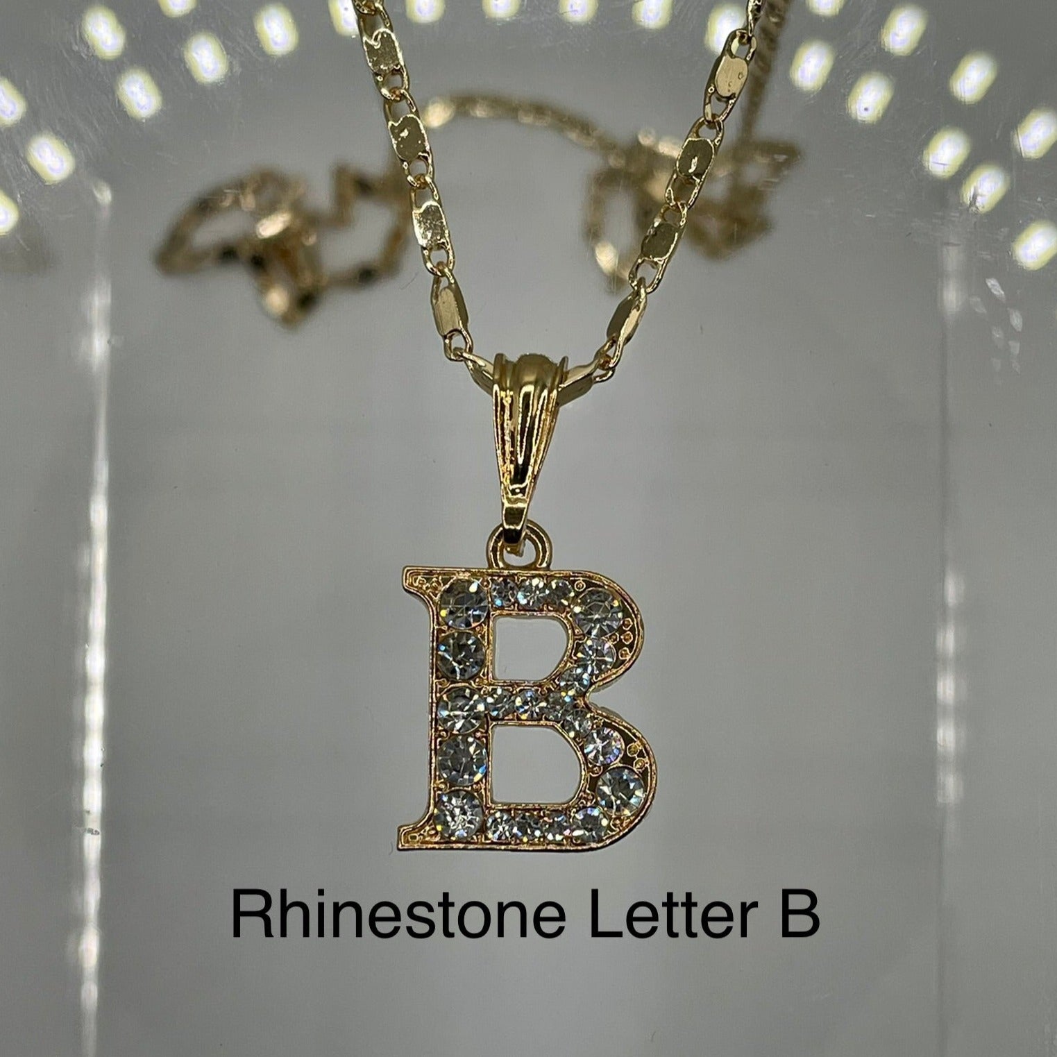 Rhinestone letter B pendant 14k gold plated on gold plated cute necklace. Letter pendants.