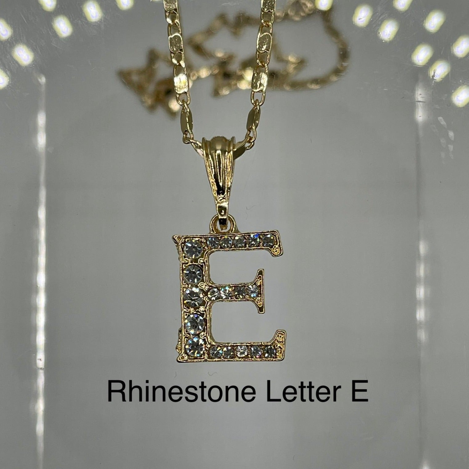Rhinestone letter E pendant 14k gold plated on gold plated cute necklace. Letter pendants.