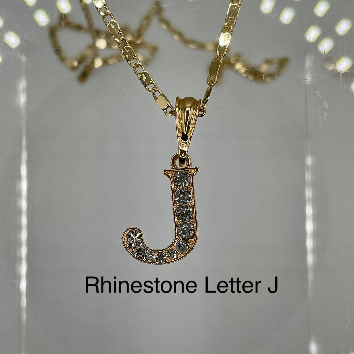Rhinestone letter J pendant 14k gold plated on gold plated cute necklace. Letter pendants.