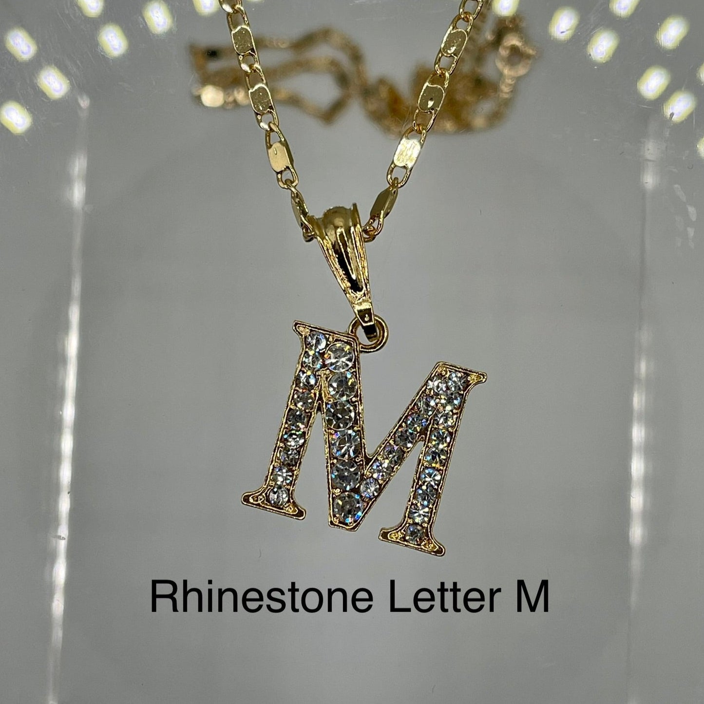 Rhinestone letter M pendant 14k gold plated on gold plated cute necklace. Letter pendants.