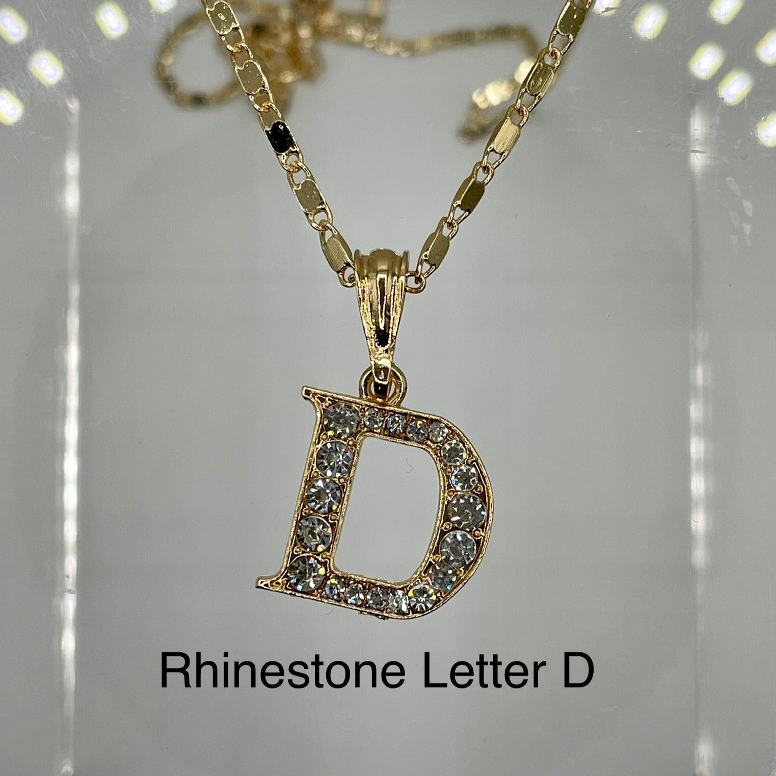 Rhinestone letter D pendant 14k gold plated on gold plated cute necklace. Letter pendants.