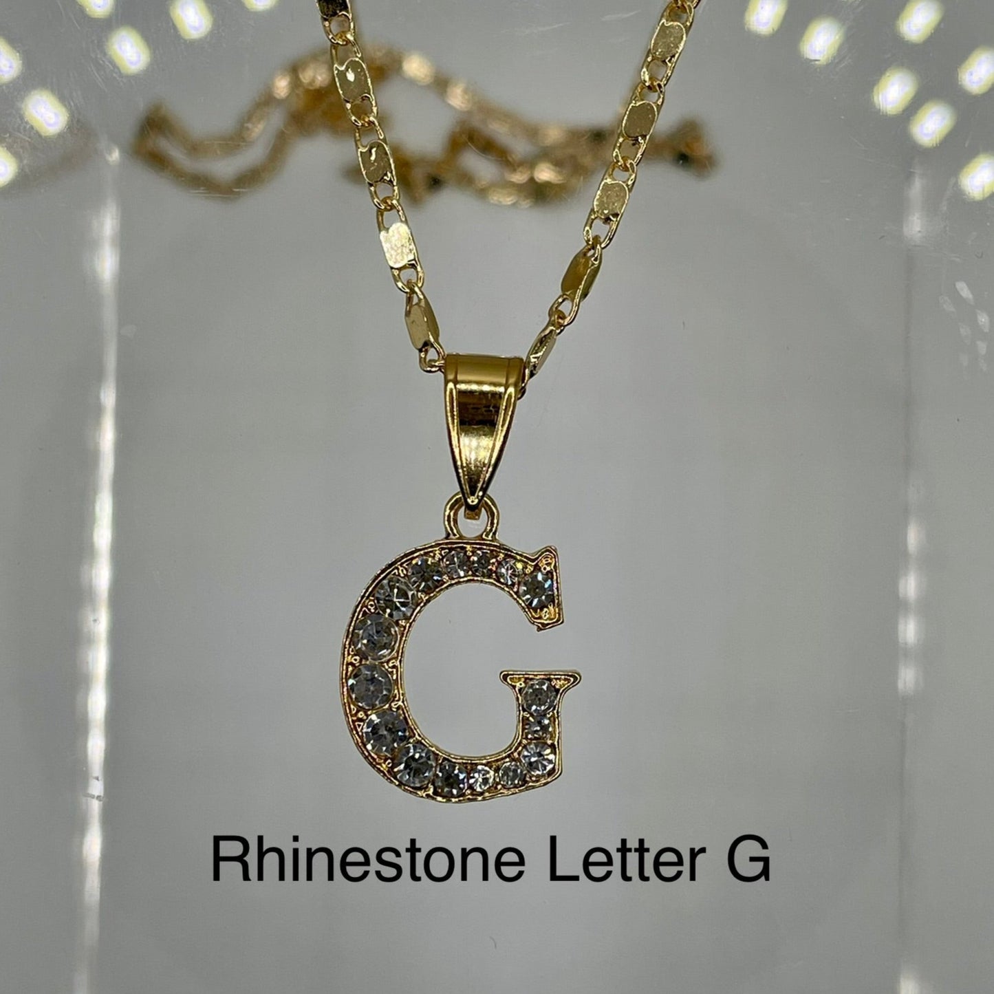 Rhinestone letter G pendant 14k gold plated on gold plated cute necklace. Letter pendants.