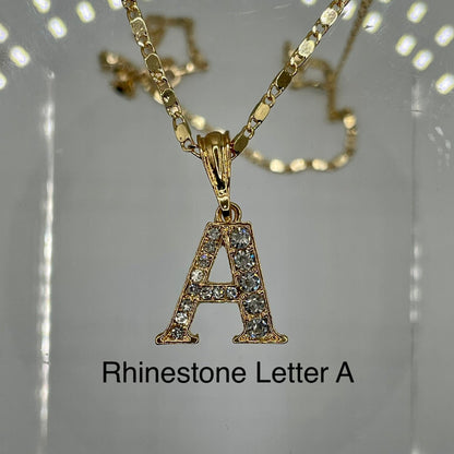 Rhinestone letter A pendant 14k gold plated on gold plated cute necklace. Letter pendants.