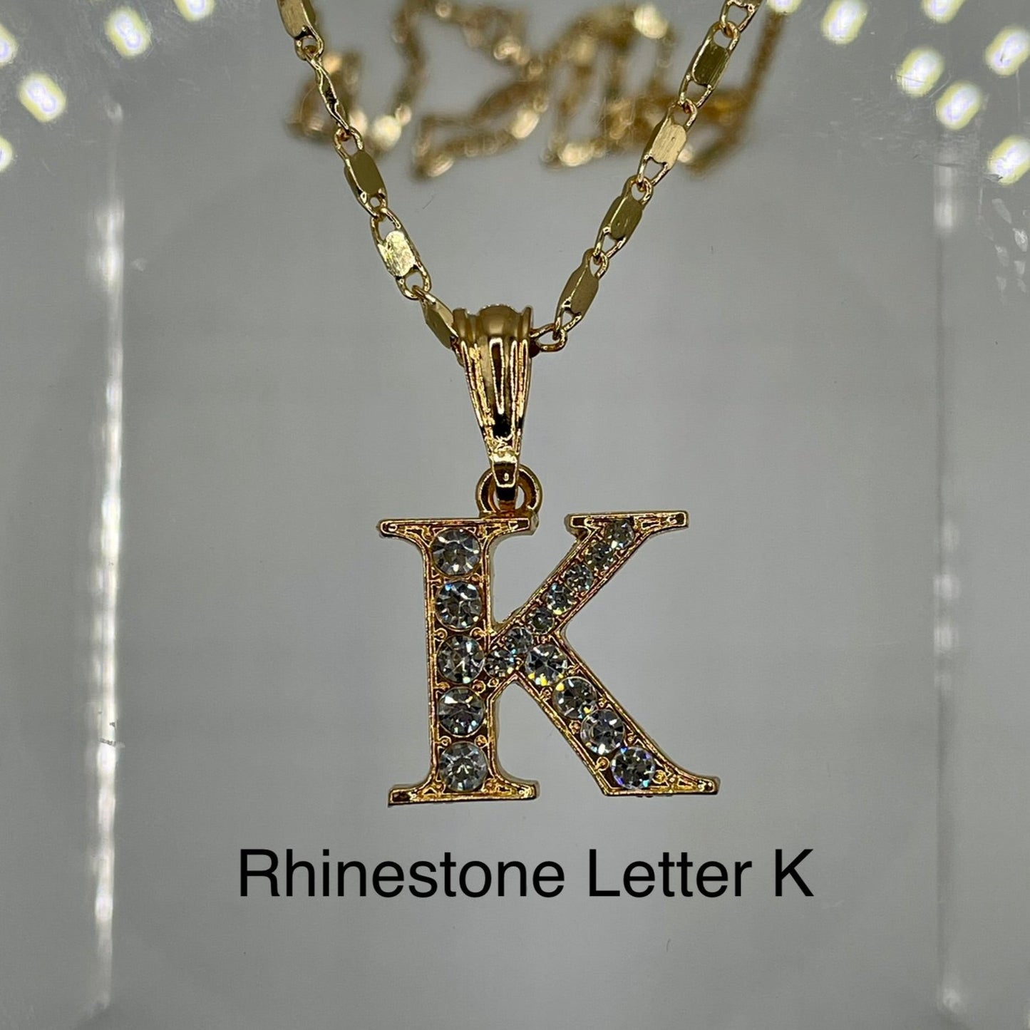 Rhinestone letter K pendant 14k gold plated on gold plated cute necklace. Letter pendants.