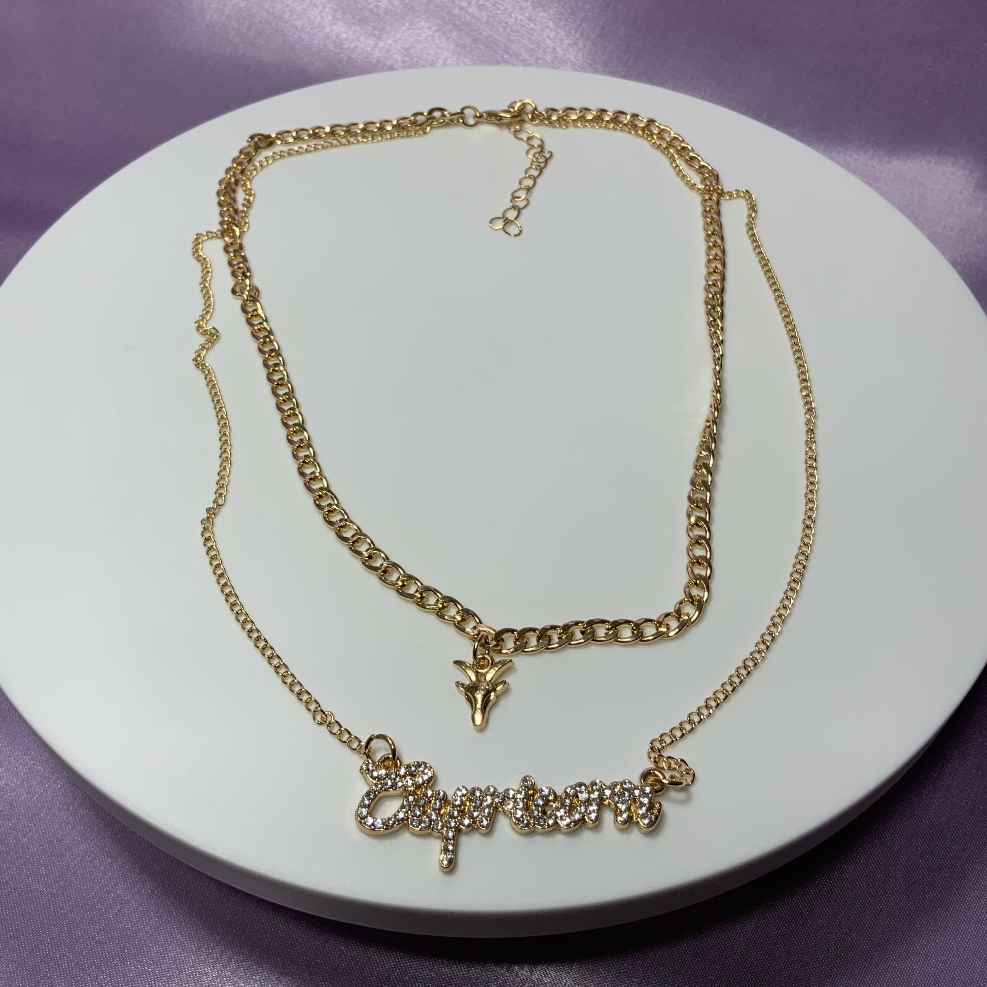 Capricorn necklace. Gold plated zodiac necklaces. Zodiac name necklaces. Zodiac sign necklaces with zodiac sign pendants. Zodiac name necklaces. 