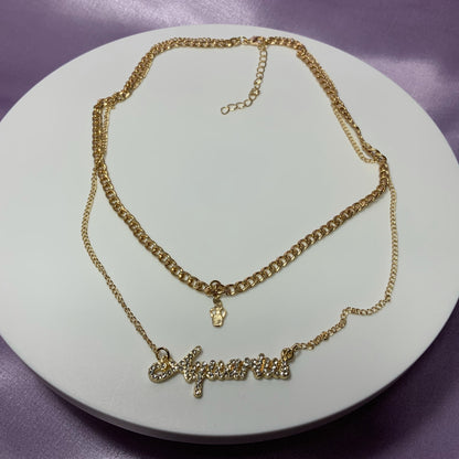 Aquarius necklace. Gold plated zodiac necklaces. Zodiac name necklaces. Zodiac sign necklaces with zodiac sign pendants. Zodiac name necklaces. 