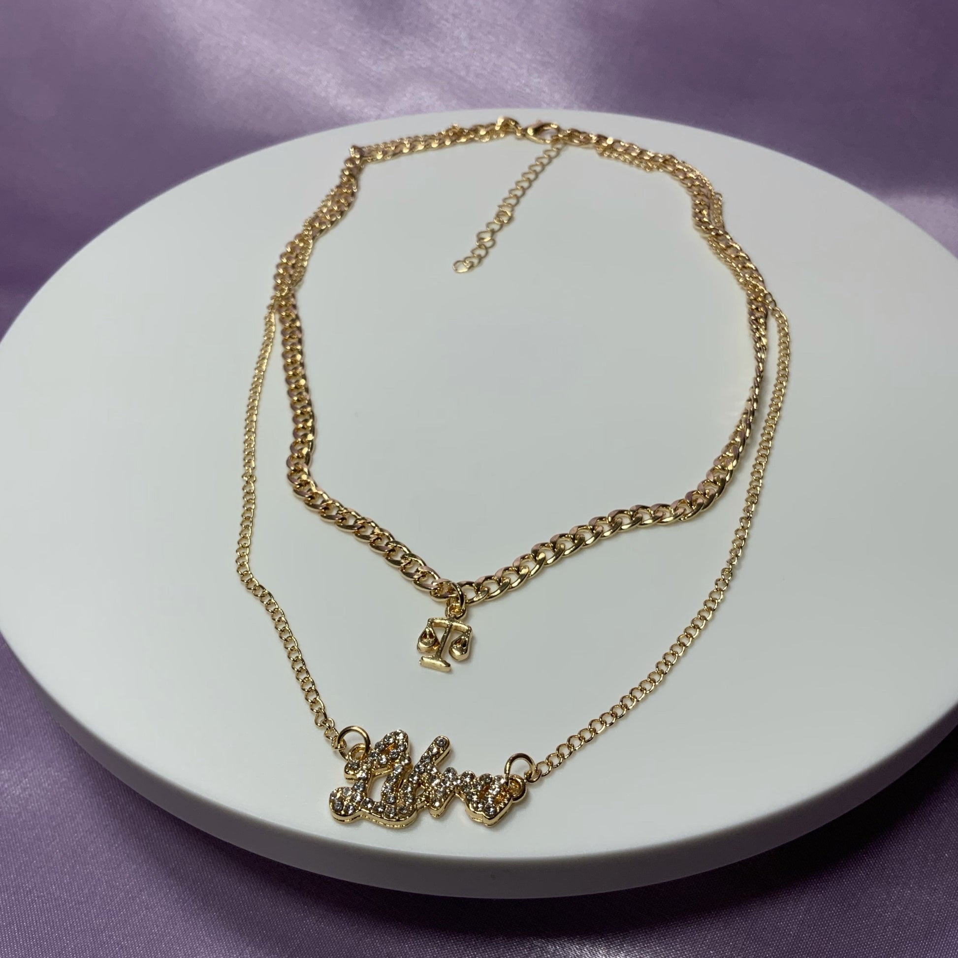 Libra necklace. Gold plated zodiac necklaces. Zodiac name necklaces. Zodiac sign necklaces with zodiac sign pendants. Zodiac name necklaces. 