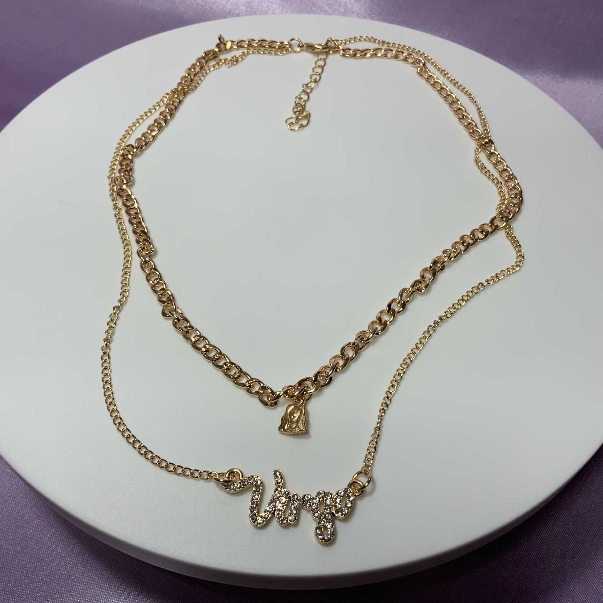 Virgo necklace. Gold plated zodiac necklaces. Zodiac name necklaces. Zodiac sign necklaces with zodiac sign pendants. Zodiac name necklaces. 