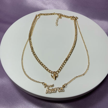 Taurus necklace. Gold plated zodiac necklaces. Zodiac name necklaces. Zodiac sign necklaces with zodiac sign pendants. Zodiac name necklaces. 