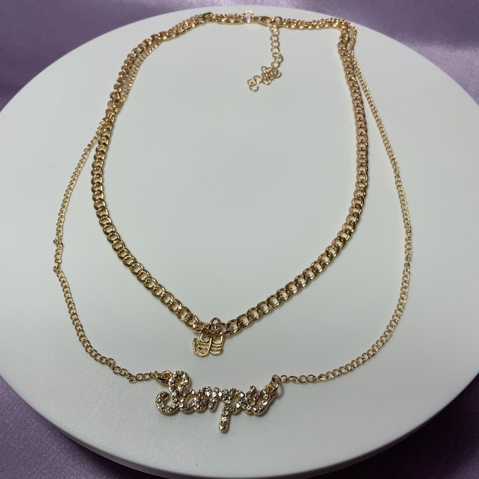 Scorpio necklace. Gold plated zodiac necklaces. Zodiac name necklaces. Zodiac sign necklaces with zodiac sign pendants. Zodiac name necklaces. 
